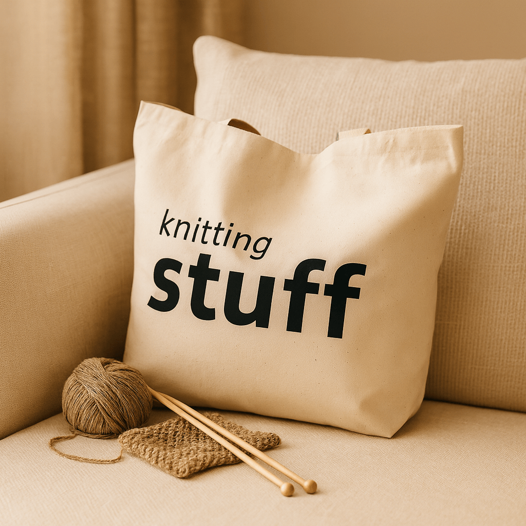 Natural tote bag with 'knitting stuff' text on a beige couch with wool and knitting needles.
