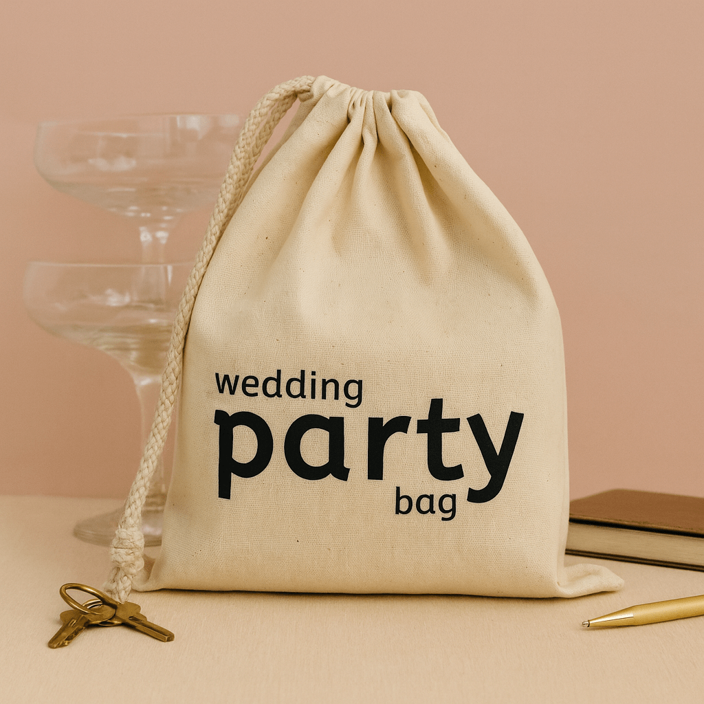 Beige drawstring bag with 'wedding party bag' text on a beige surface with a glass and pen in the background.
