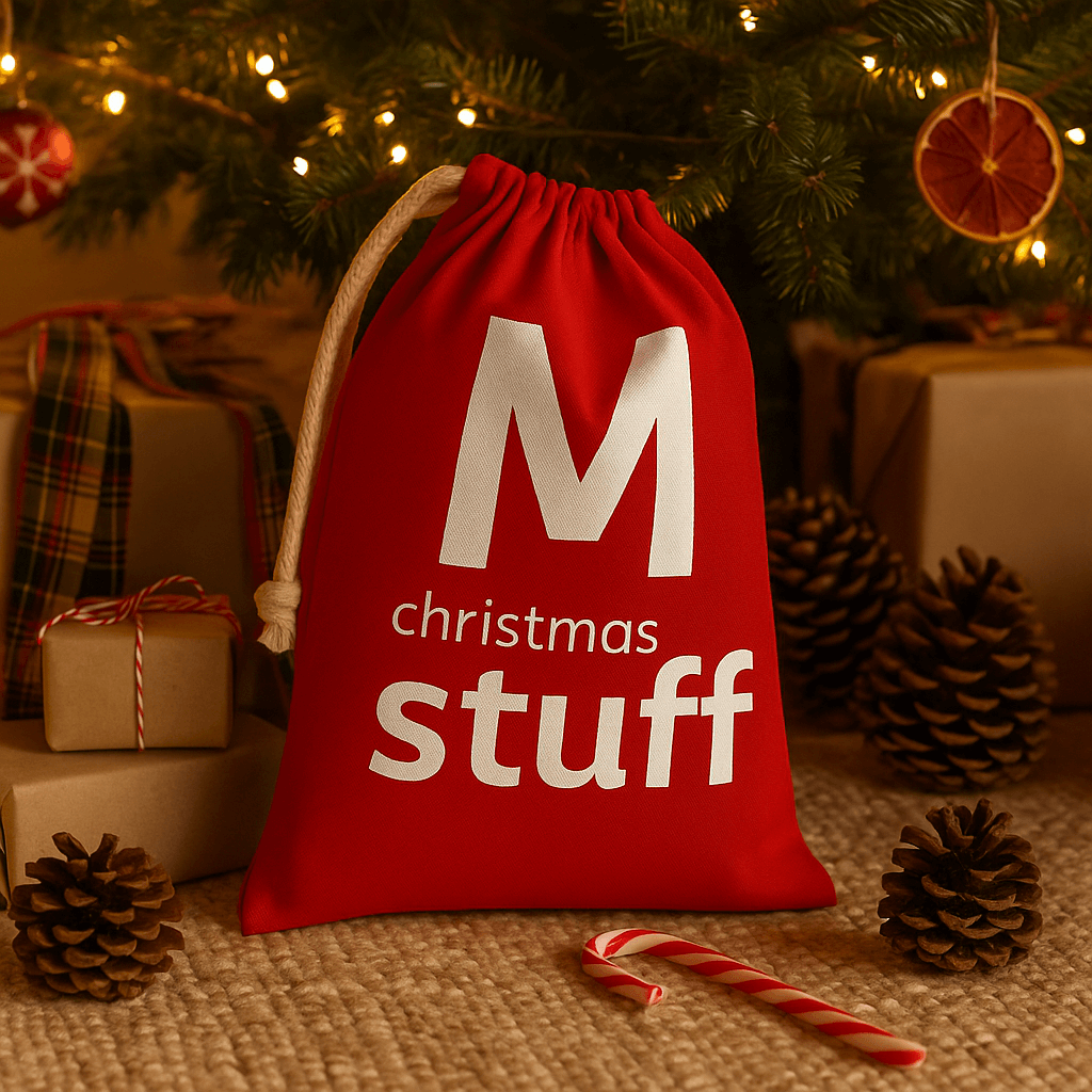 Red sack labeled 'M christmas stuff' under a decorated Christmas tree with presents and candy canes.