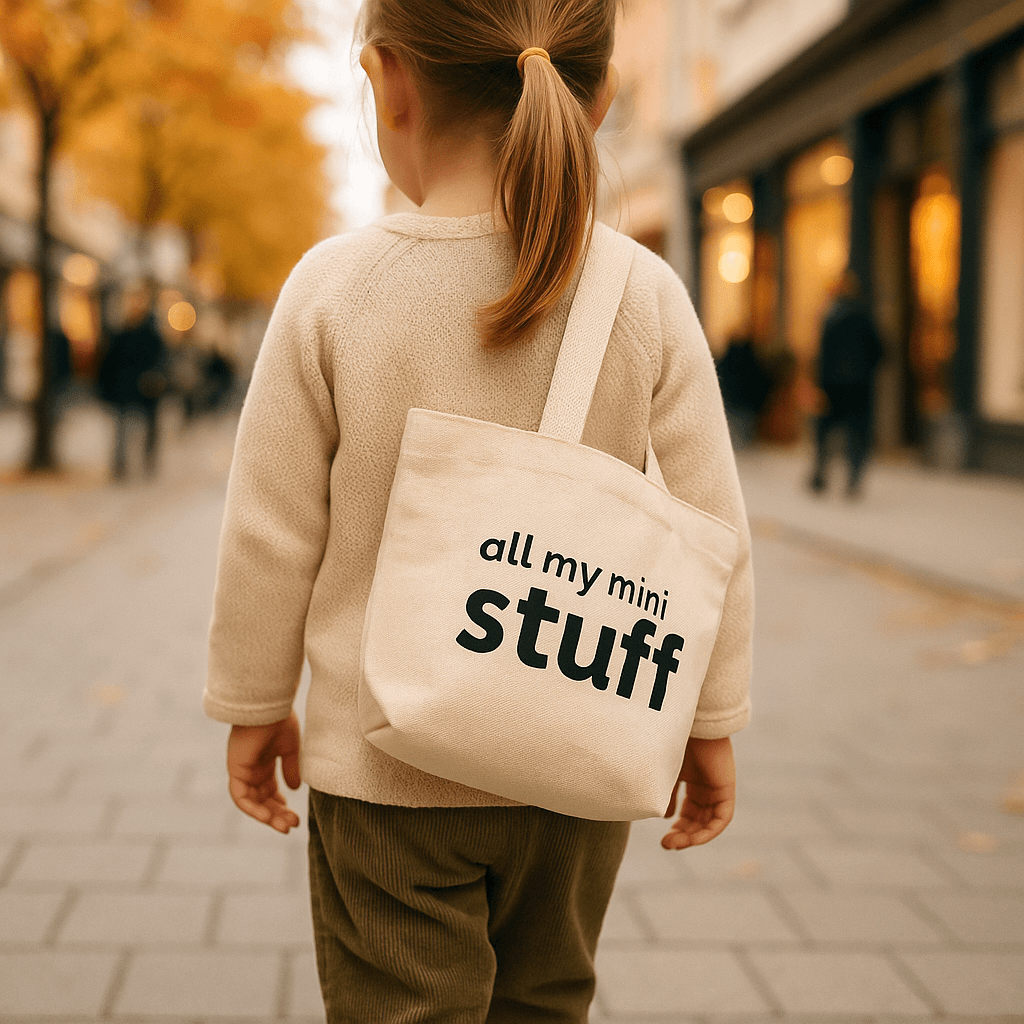 Child holding a tote bag with 'all my mini stuff' text on a city street.