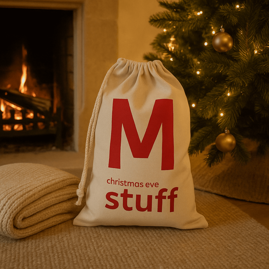 Natural drawstring bag with red text 'M christmas eve stuff' in front of a Christmas tree and fireplace.