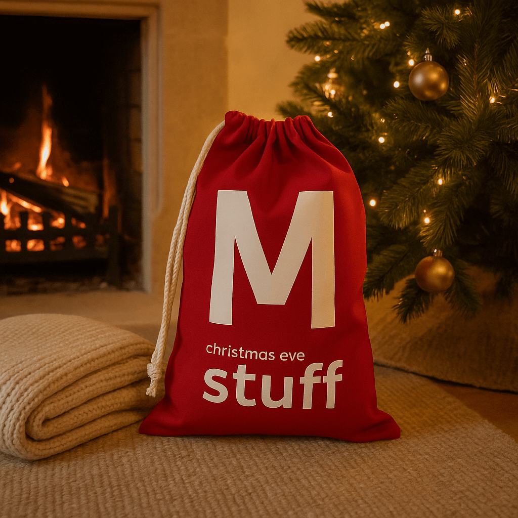 Red bag labeled 'Christmas Eve stuff' in front of a fireplace and Christmas tree.
