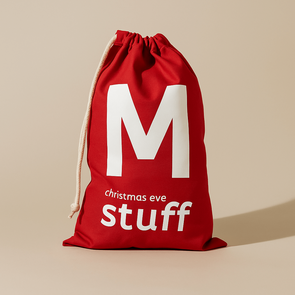 Red drawstring bag with 'M' and 'christmas eve stuff' text on a beige background