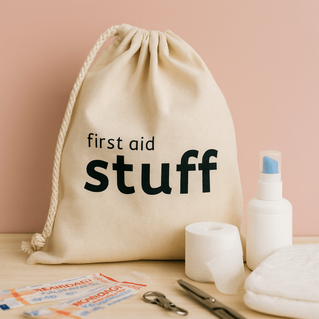 Natural drawstring bag labeled 'first aid stuff' with first aid supplies on a pink background