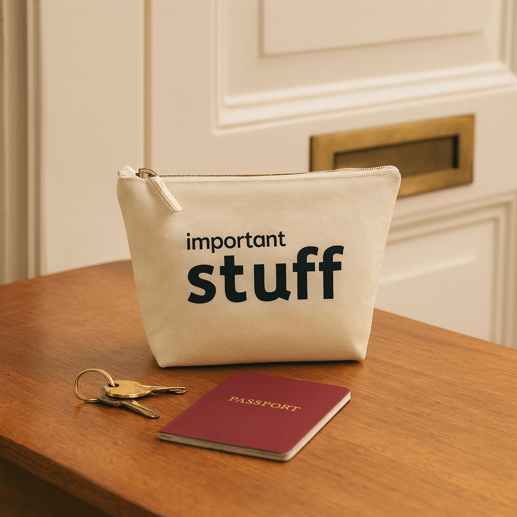 Natural pouch labeled 'important stuff' on a wooden surface with keys and a passport.