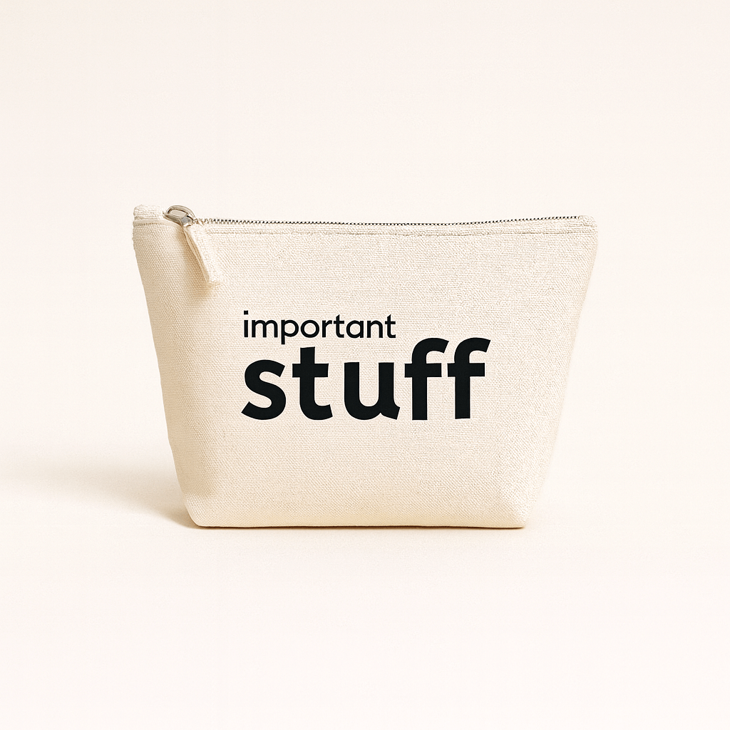 Natural pouch with 'important stuff' text on a beige background