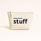 Natural pouch with 'important stuff' text on a beige background
