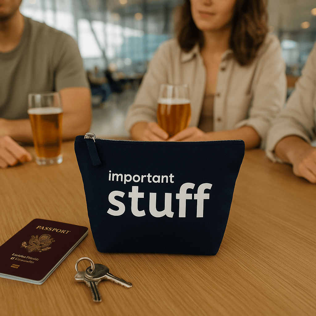 Navy pouch labeled 'important stuff' with passport and keys on a table, people in the background.