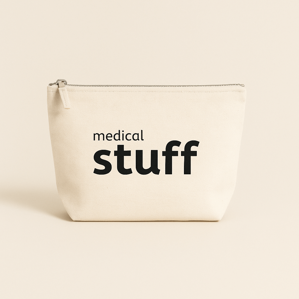 Natural pouch with 'medical stuff' text on a beige background