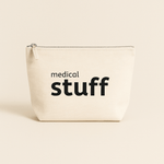 Natural pouch with 'medical stuff' text on a beige background