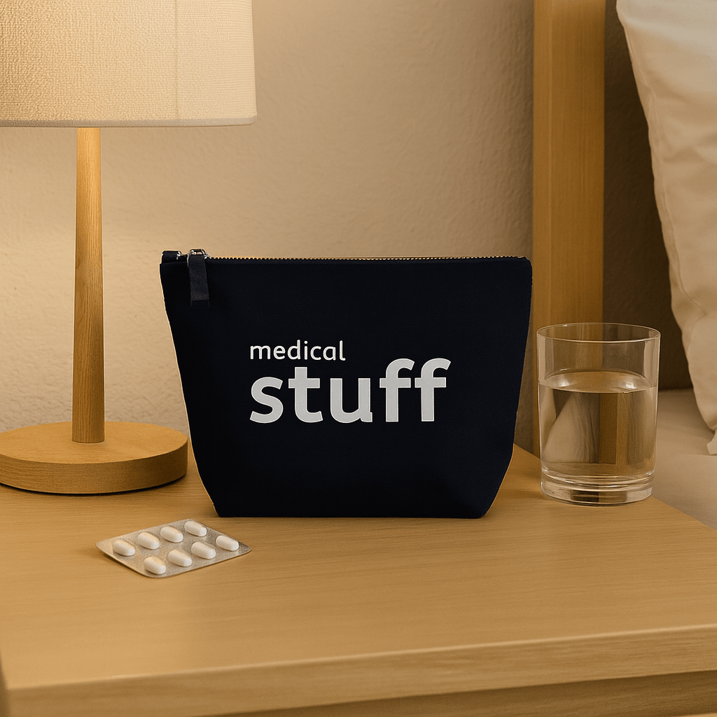 Navy pouch labeled 'medical stuff' on a wooden surface with a glass of water and pills.