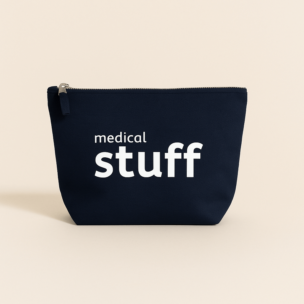 Navy blue pouch with 'medical stuff' text on a beige background
