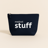 Navy blue pouch with 'medical stuff' text on a beige background