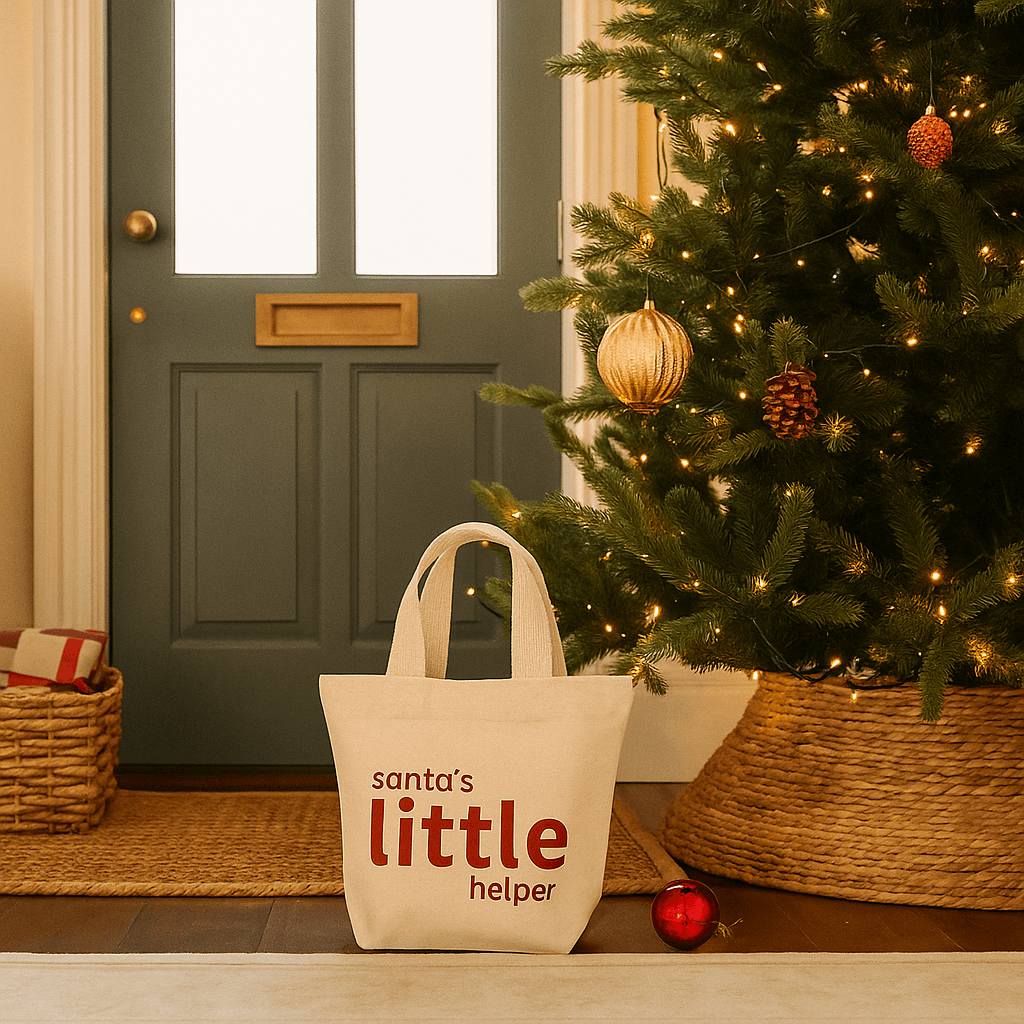 Natural tote bag with 'Santa's Little Helper' text in front of a decorated Christmas tree and door.