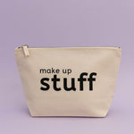 quirky canvas pouch with "Make up Stuff" text and zipper closure