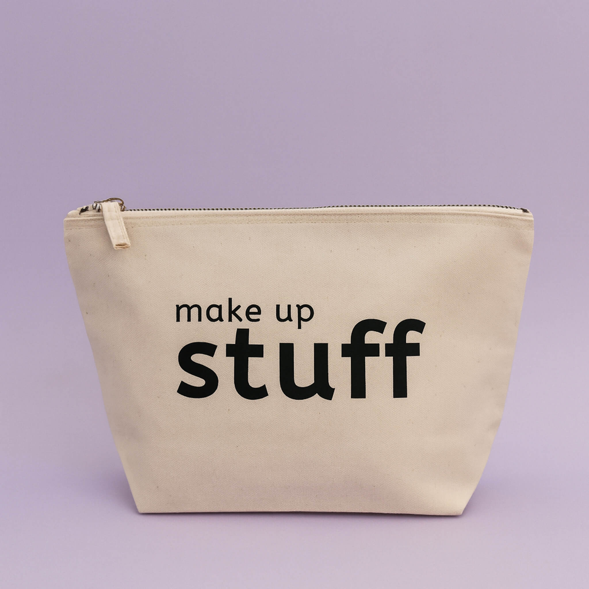 quirky canvas pouch with "Make up Stuff" text and zipper closure