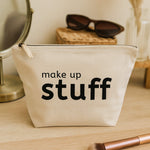 quirky canvas make up pouch with "make up stuff' text and zipper closure