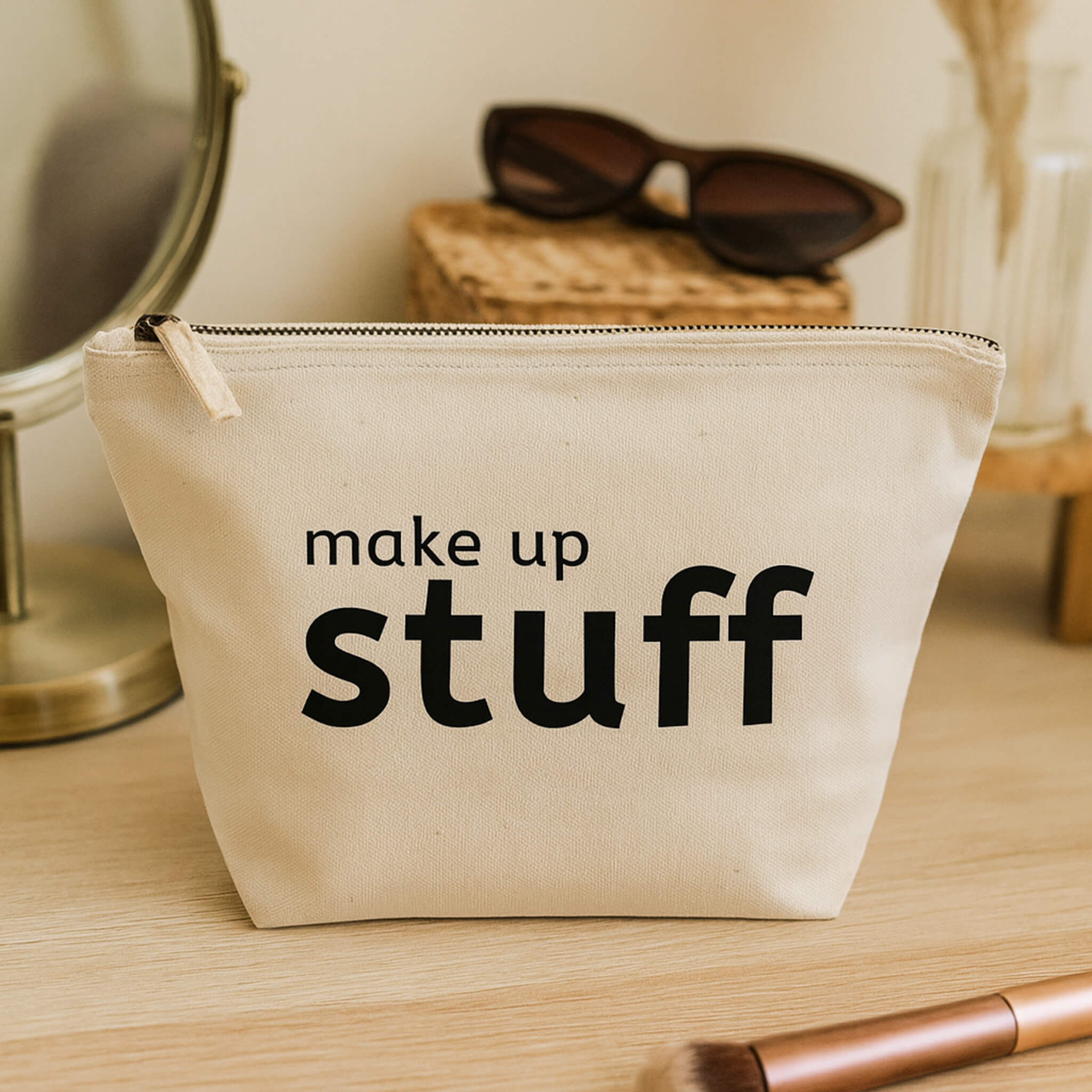 quirky canvas make up pouch with "make up stuff' text and zipper closure