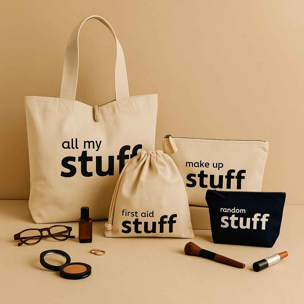 Collection of bags with text 'all my stuff', 'make up stuff', 'first aid stuff', and 'random stuff' on a beige background.