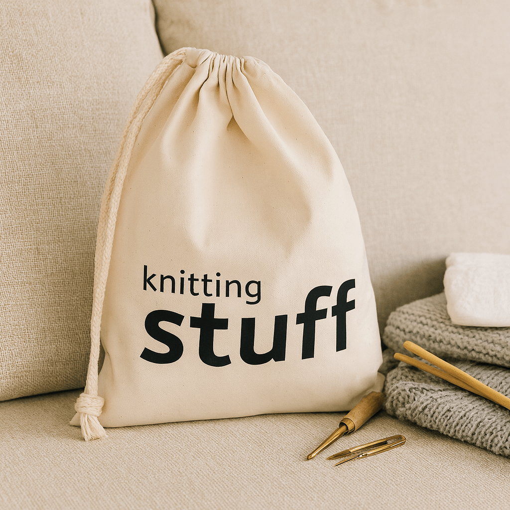 Natural drawstring bag labeled 'knitting stuff' on a beige sofa with knitting materials.