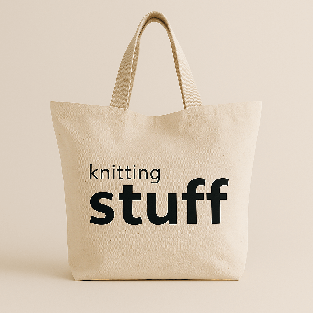 Natural tote bag with 'knitting stuff' text on a beige background