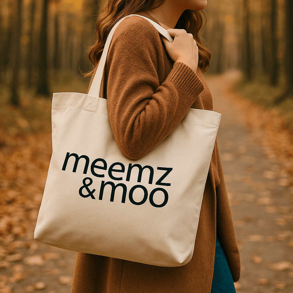 Person holding a tote bag with 'meemz & moo' text in an autumn forest setting