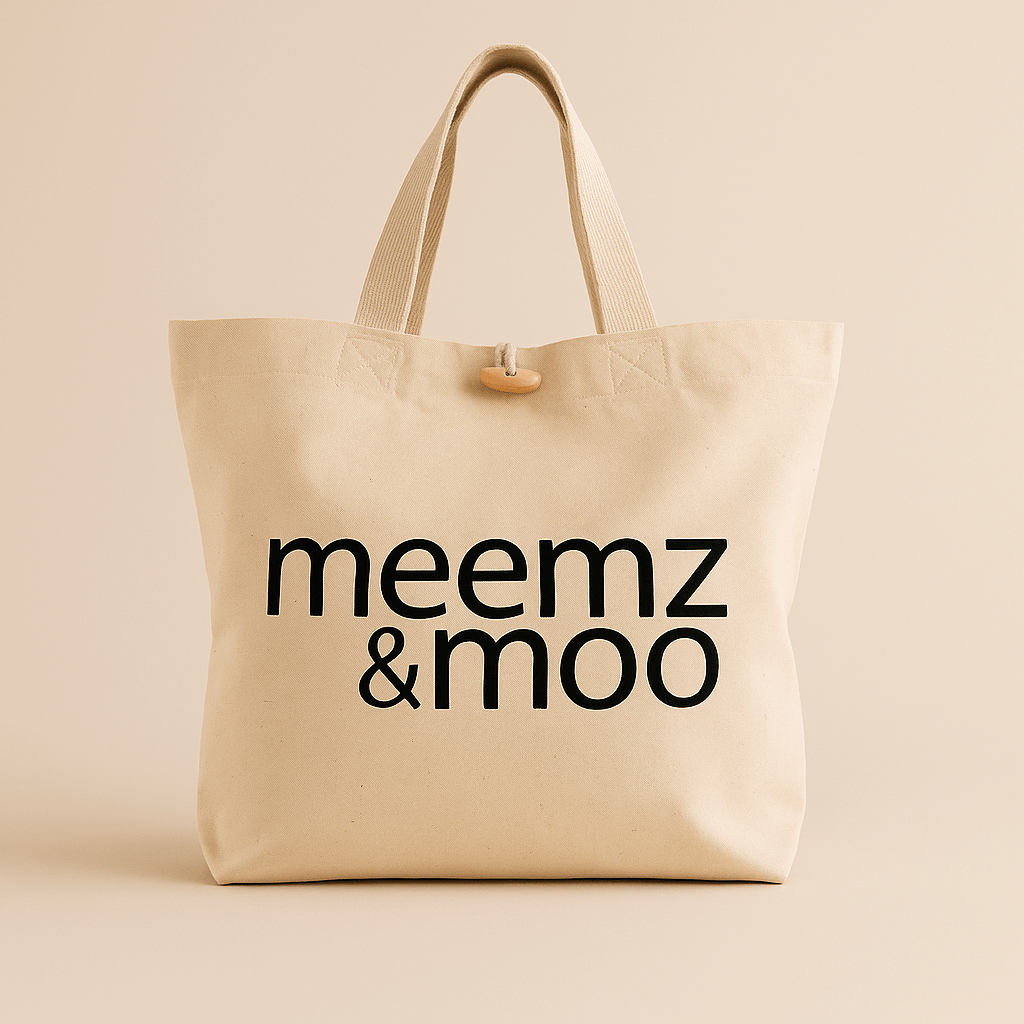 Natural tote bag with 'meemz & moo' text on a beige background