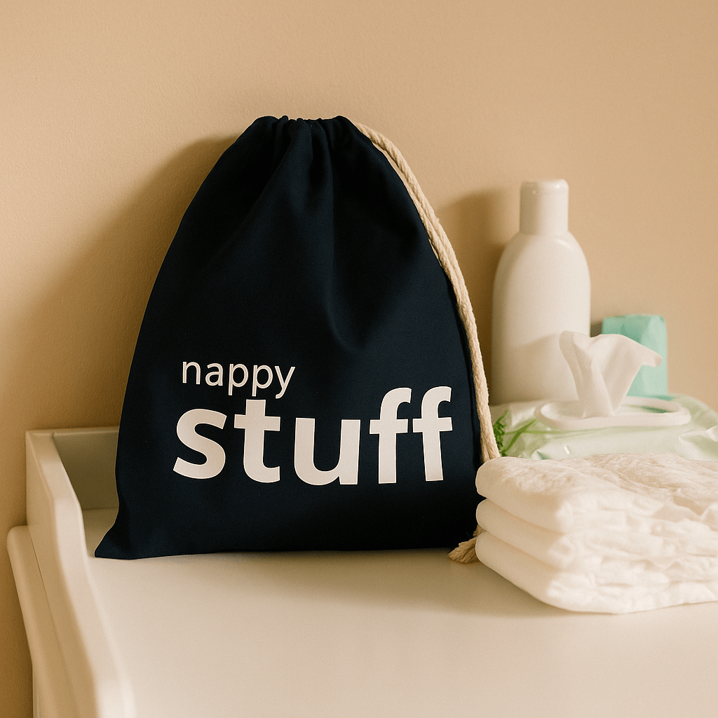 Navy drawstring bag labeled 'nappy stuff' on a shelf with baby items.