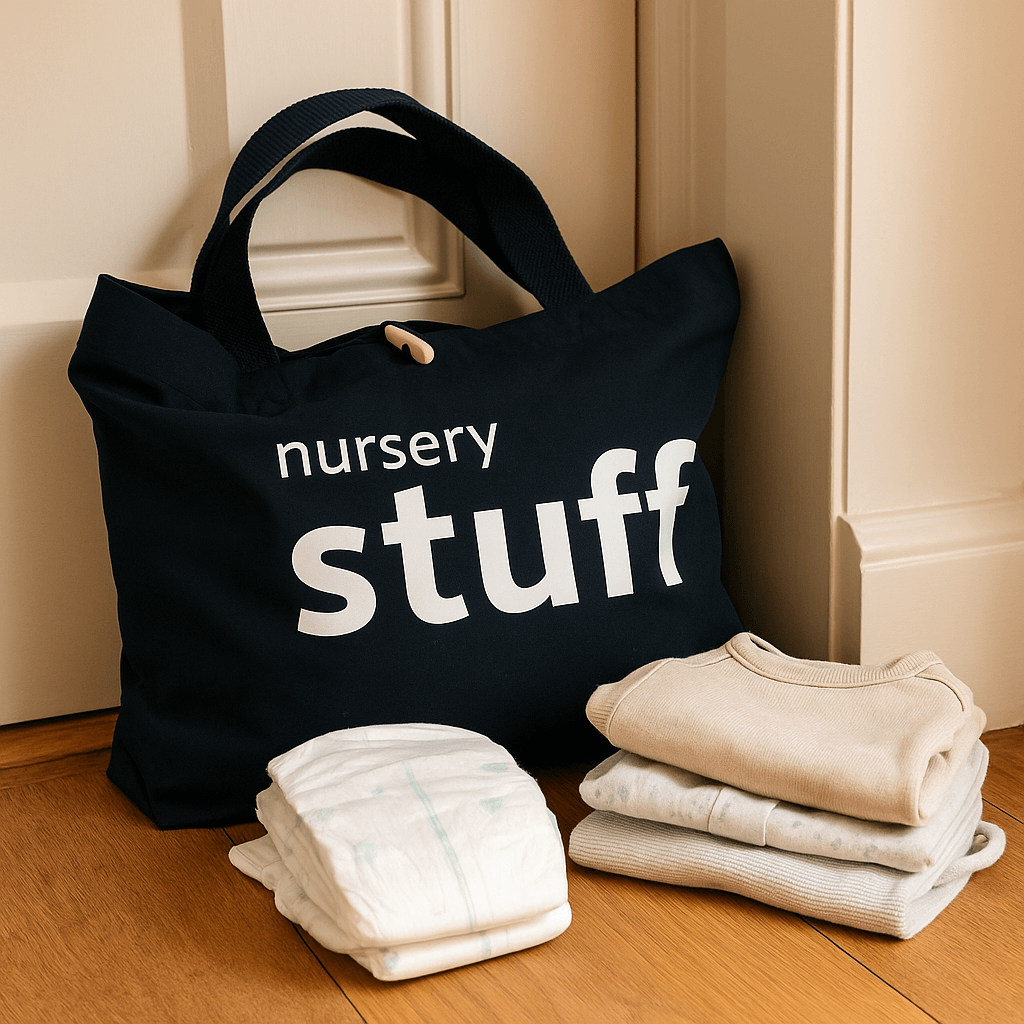 Navy tote bag labeled 'nursery stuff' with folded baby clothes on a wooden floor.