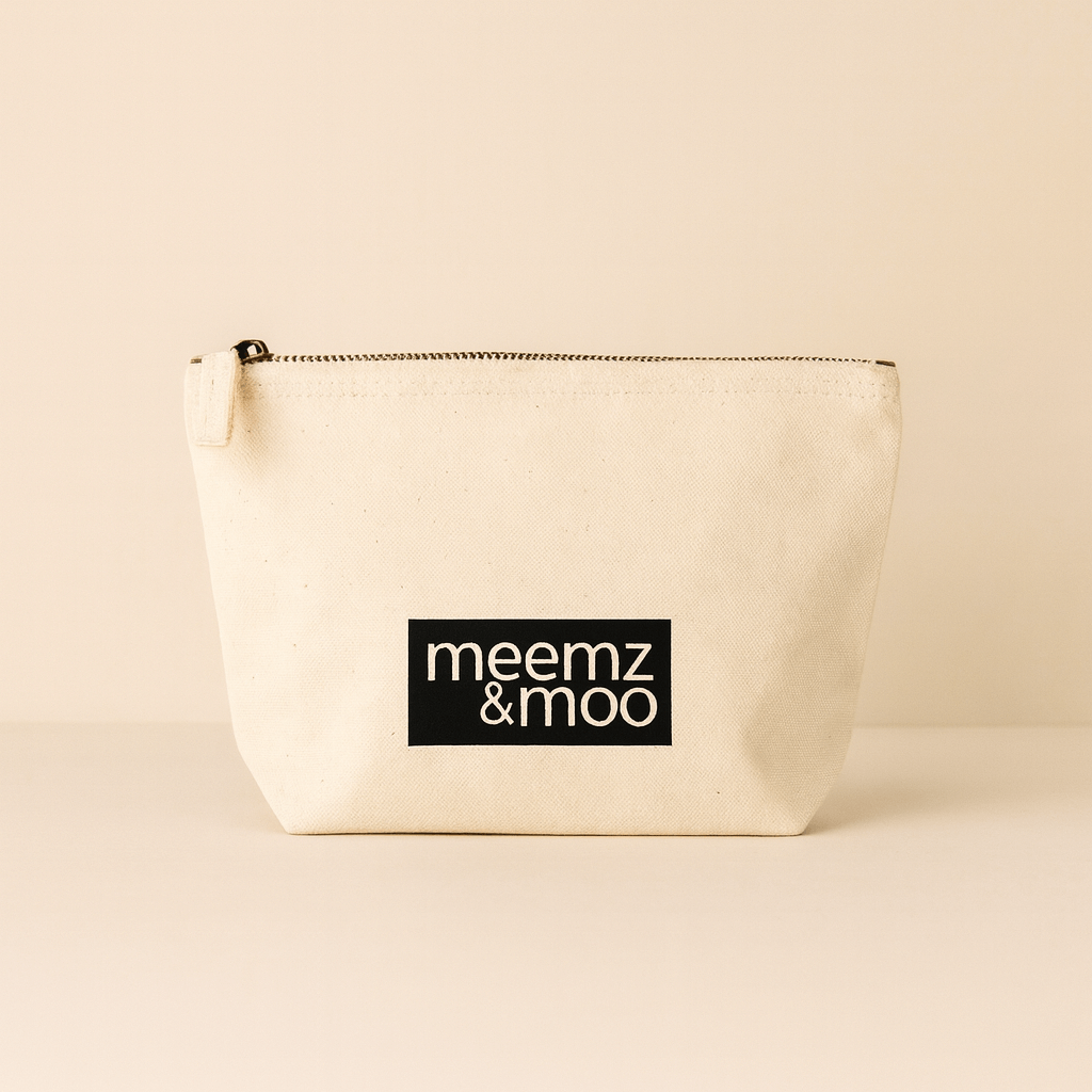 Small natural pouch with 'meemz & moo' logo on a beige background