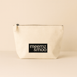 Small natural pouch with 'meemz & moo' logo on a beige background