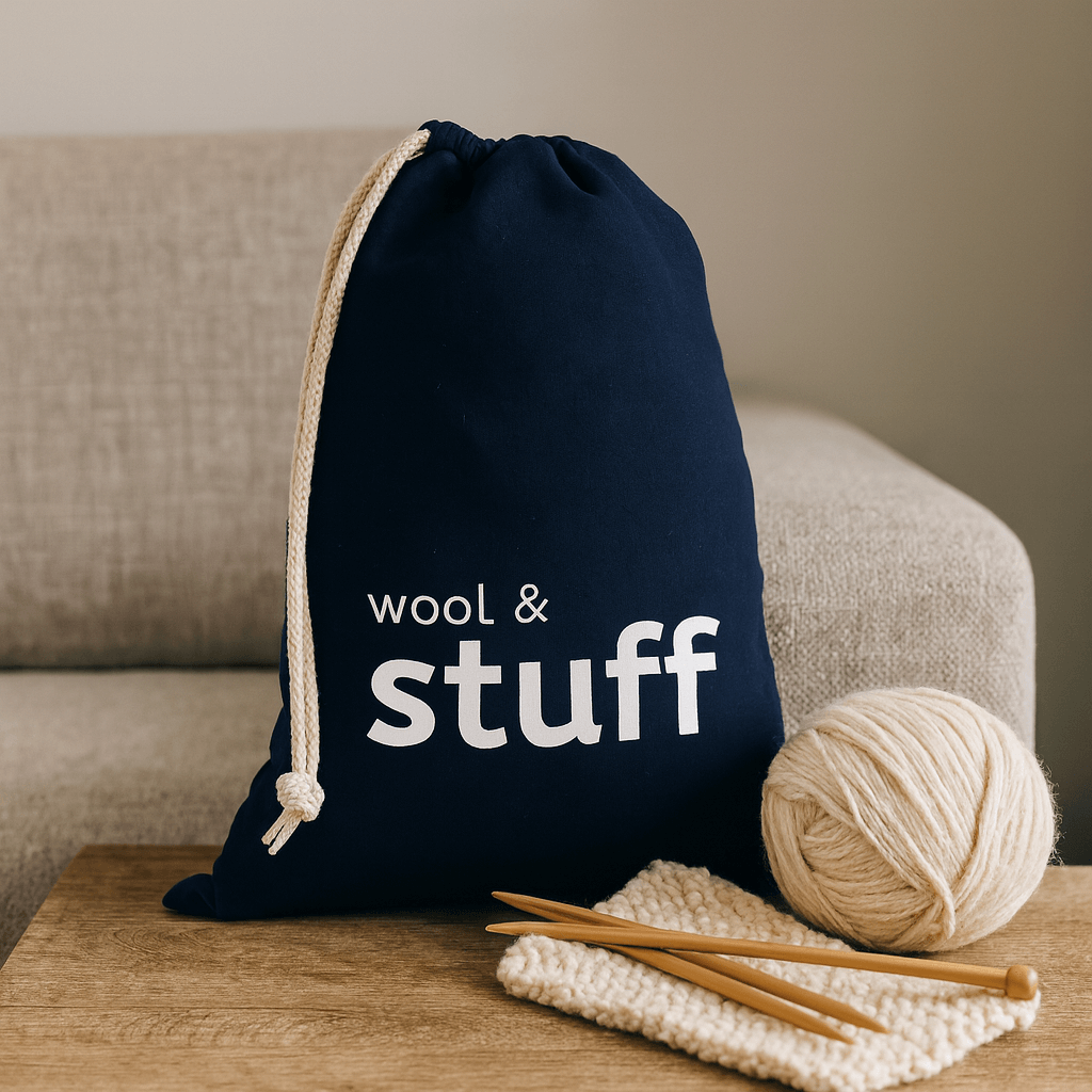 Navy drawstring bag with 'wool & stuff' text, yarn, and knitting needles on a wooden surface.