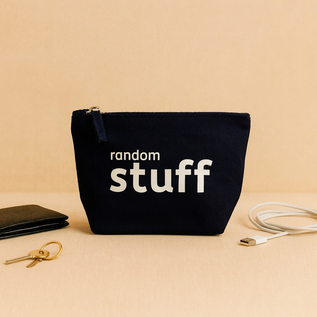 navy cotton canvas pouch with "random stuff' text