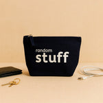 navy cotton canvas pouch with "random stuff' text